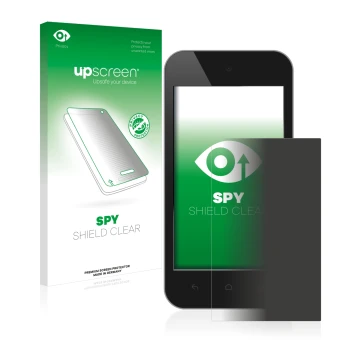 Parte frontal de un envase de producto con el logotipo de la marca upscreen. Al lado se muestra el dispositivo con su protecto