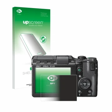 Parte frontal de un envase de producto con el logotipo de la marca upscreen. Al lado se muestra el dispositivo Ricoh GXR con s