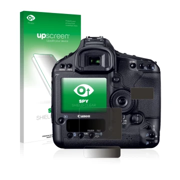 Parte frontal de un envase de producto con el logotipo de la marca upscreen. Al lado se muestra el dispositivo Canon EOS 1D Ma