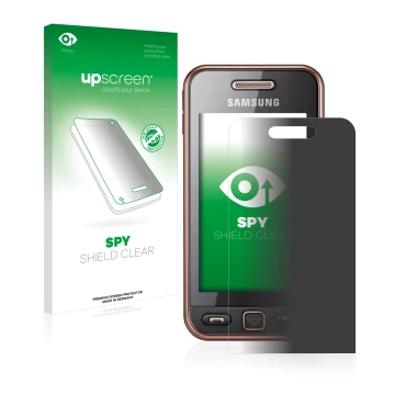 Parte frontal de un envase de producto con el logotipo de la marca upscreen. Al lado se muestra el dispositivo Samsung GT-S523