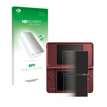 Parte frontal de un envase de producto con el logotipo de la marca upscreen. Al lado se muestra el dispositivo Nintendo DSi XL