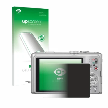 Parte frontal de un envase de producto con el logotipo de la marca upscreen. Al lado se muestra el dispositivo Panasonic Lumix