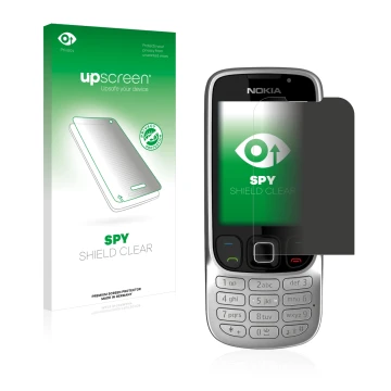Parte frontal de un envase de producto con el logotipo de la marca upscreen. Al lado se muestra el dispositivo Nokia 6303i cla