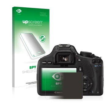 Parte frontal de un envase de producto con el logotipo de la marca upscreen. Al lado se muestra el dispositivo Canon EOS 550D 