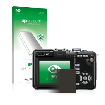 Parte frontal de un envase de producto con el logotipo de la marca upscreen. Al lado se muestra el dispositivo Olympus PEN E-P