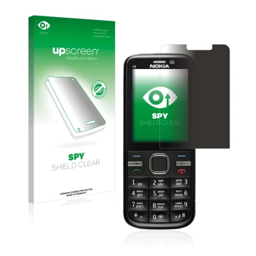 Parte frontal de un envase de producto con el logotipo de la marca upscreen. Al lado se muestra el dispositivo Nokia C5-00 con