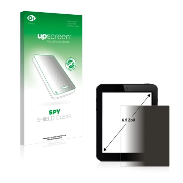 Parte frontal de un envase de producto con el logotipo de la marca upscreen. Al lado se muestra el dispositivo con su protecto