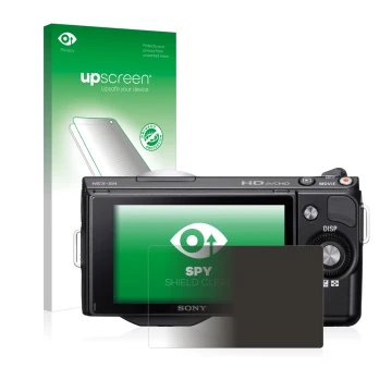 Parte frontal de un envase de producto con el logotipo de la marca upscreen. Al lado se muestra el dispositivo Sony Alpha NEX-
