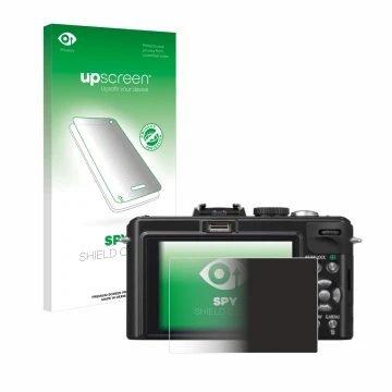 Parte frontal de un envase de producto con el logotipo de la marca upscreen. Al lado se muestra el dispositivo Panasonic Lumix