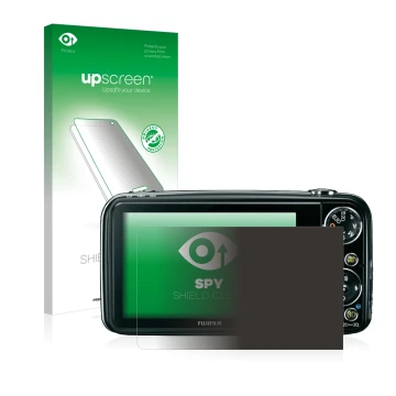Parte frontal de un envase de producto con el logotipo de la marca upscreen. Al lado se muestra el dispositivo Fujifilm FinePi