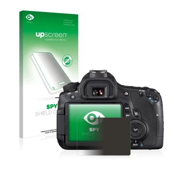 Parte frontal de un envase de producto con el logotipo de la marca upscreen. Al lado se muestra el dispositivo Canon EOS 60D c