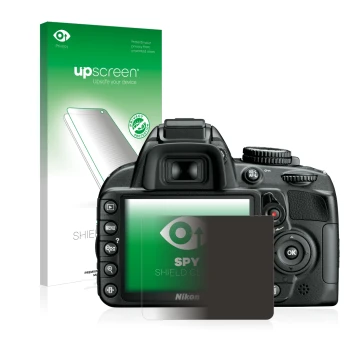 Parte frontal de un envase de producto con el logotipo de la marca upscreen. Al lado se muestra el dispositivo Nikon D3100 con
