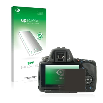 Parte frontal de un envase de producto con el logotipo de la marca upscreen. Al lado se muestra el dispositivo Sony Alpha 55 (
