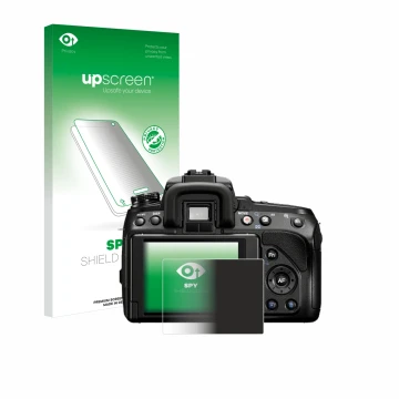 Parte frontal de un envase de producto con el logotipo de la marca upscreen. Al lado se muestra el dispositivo Sony Alpha 580 