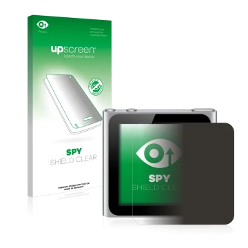Parte frontal de un envase de producto con el logotipo de la marca upscreen. Al lado se muestra el dispositivo Apple iPod nano