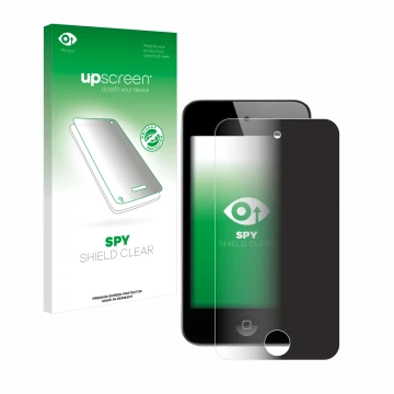 Parte frontal de un envase de producto con el logotipo de la marca upscreen. Al lado se muestra el dispositivo Apple iPod Touc