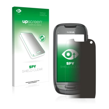 Parte frontal de un envase de producto con el logotipo de la marca upscreen. Al lado se muestra el dispositivo Nokia C7-00 con