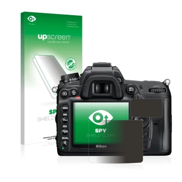 Parte frontal de un envase de producto con el logotipo de la marca upscreen. Al lado se muestra el dispositivo Nikon D7000 con