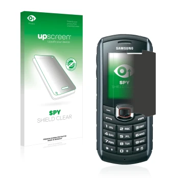 Parte frontal de un envase de producto con el logotipo de la marca upscreen. Al lado se muestra el dispositivo Samsung B2710 c