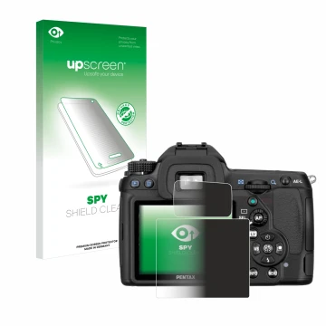 Parte frontal de un envase de producto con el logotipo de la marca upscreen. Al lado se muestra el dispositivo Pentax K5, K-5 