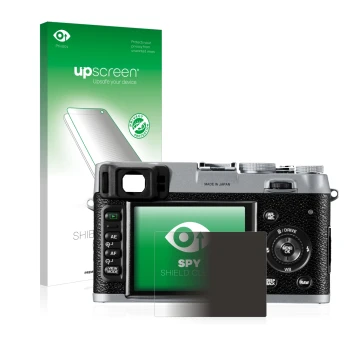 Parte frontal de un envase de producto con el logotipo de la marca upscreen. Al lado se muestra el dispositivo Fujifilm FinePi