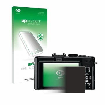 Parte frontal de un envase de producto con el logotipo de la marca upscreen. Al lado se muestra el dispositivo Leica D-Lux 5 c