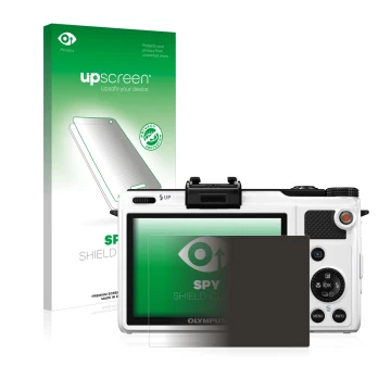 Parte frontal de un envase de producto con el logotipo de la marca upscreen. Al lado se muestra el dispositivo Olympus XZ-1 co