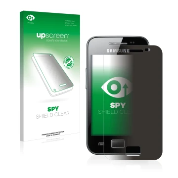 Parte frontal de un envase de producto con el logotipo de la marca upscreen. Al lado se muestra el dispositivo Samsung Galaxy 