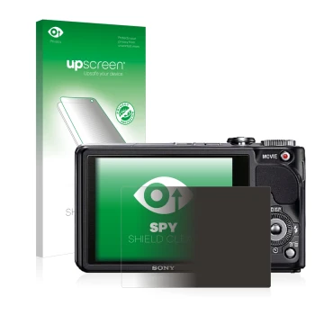 Parte frontal de un envase de producto con el logotipo de la marca upscreen. Al lado se muestra el dispositivo Sony Cyber-Shot