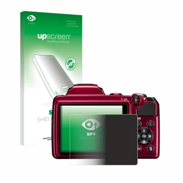 Parte frontal de un envase de producto con el logotipo de la marca upscreen. Al lado se muestra el dispositivo Nikon Coolpix L