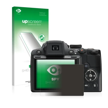Parte frontal de un envase de producto con el logotipo de la marca upscreen. Al lado se muestra el dispositivo Nikon Coolpix P