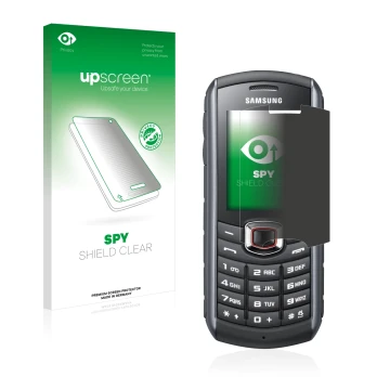 Parte frontal de un envase de producto con el logotipo de la marca upscreen. Al lado se muestra el dispositivo Samsung GT-B271