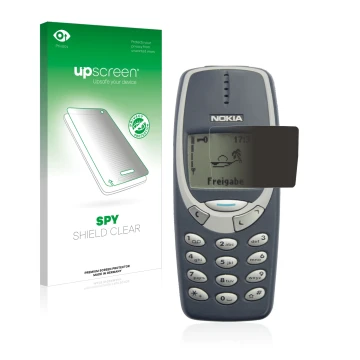 Parte frontal de un envase de producto con el logotipo de la marca upscreen. Al lado se muestra el dispositivo Nokia 3310 2011