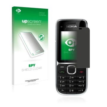 Parte frontal de un envase de producto con el logotipo de la marca upscreen. Al lado se muestra el dispositivo Nokia C2-01 con