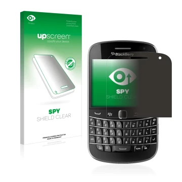 Parte frontal de un envase de producto con el logotipo de la marca upscreen. Al lado se muestra el dispositivo RIM BlackBerry 