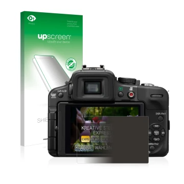 Parte frontal de un envase de producto con el logotipo de la marca upscreen. Al lado se muestra el dispositivo Panasonic Lumix
