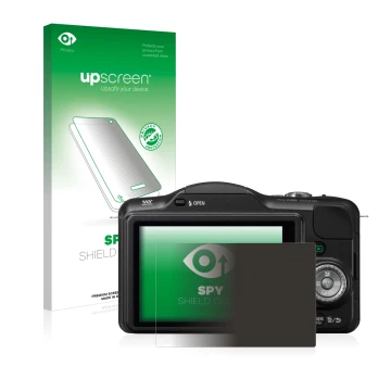 Parte frontal de un envase de producto con el logotipo de la marca upscreen. Al lado se muestra el dispositivo Panasonic Lumix