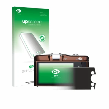 Parte frontal de un envase de producto con el logotipo de la marca upscreen. Al lado se muestra el dispositivo Olympus PEN E-P