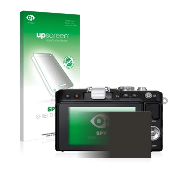 Parte frontal de un envase de producto con el logotipo de la marca upscreen. Al lado se muestra el dispositivo Olympus PEN E-P