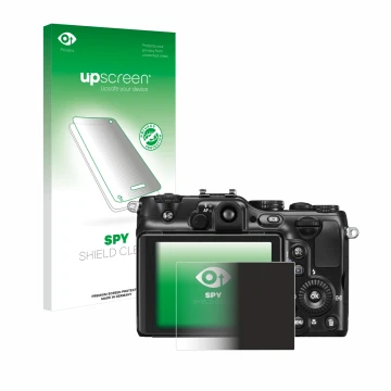 Parte frontal de un envase de producto con el logotipo de la marca upscreen. Al lado se muestra el dispositivo Nikon Coolpix P