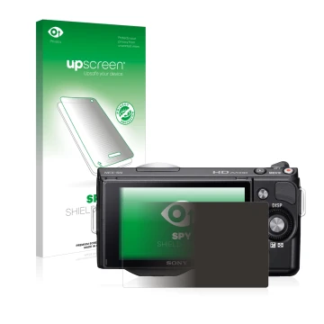 Parte frontal de un envase de producto con el logotipo de la marca upscreen. Al lado se muestra el dispositivo Sony Alpha NEX-