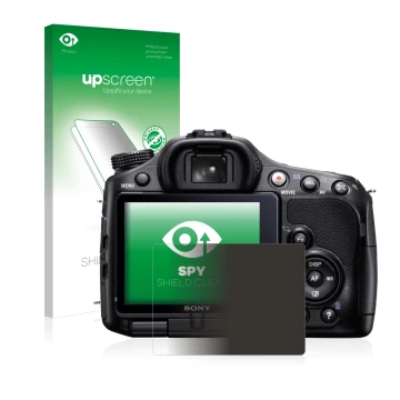 Parte frontal de un envase de producto con el logotipo de la marca upscreen. Al lado se muestra el dispositivo Sony Alpha 65V 