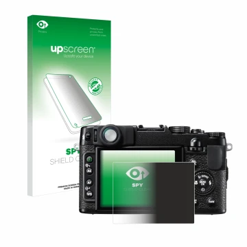 Parte frontal de un envase de producto con el logotipo de la marca upscreen. Al lado se muestra el dispositivo Fujifilm FinePi