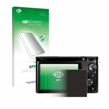 Parte frontal de un envase de producto con el logotipo de la marca upscreen. Al lado se muestra el dispositivo Nikon 1 J1 con 