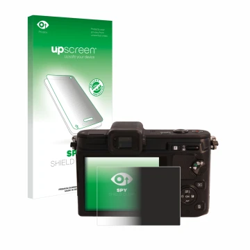 Parte frontal de un envase de producto con el logotipo de la marca upscreen. Al lado se muestra el dispositivo Nikon 1 V1 con 
