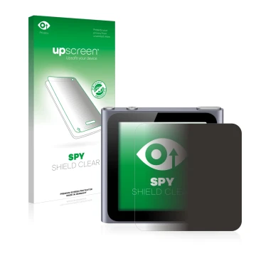 Parte frontal de un envase de producto con el logotipo de la marca upscreen. Al lado se muestra el dispositivo Apple iPod nano