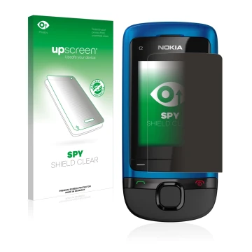 Parte frontal de un envase de producto con el logotipo de la marca upscreen. Al lado se muestra el dispositivo Nokia C2-05 con
