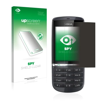 Parte frontal de un envase de producto con el logotipo de la marca upscreen. Al lado se muestra el dispositivo Nokia Asha 300 