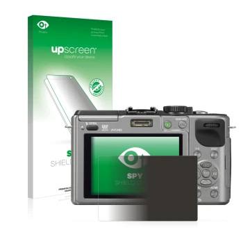 Parte frontal de un envase de producto con el logotipo de la marca upscreen. Al lado se muestra el dispositivo Panasonic Lumix