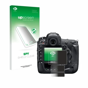 Parte frontal de un envase de producto con el logotipo de la marca upscreen. Al lado se muestra el dispositivo Nikon D4 con su